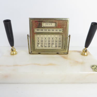Vintage Marble Desk Pen Holder Perpetual Calendar 