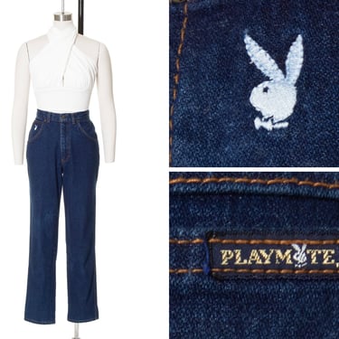 Vintage 1990s Jeans | 90s PLAYBOY Bunny PLAYMATE Dark Wash Denim High Waisted Pin Up Pants (medium) 