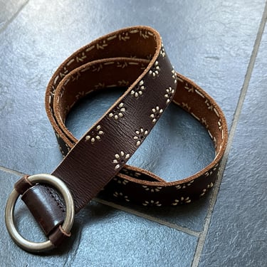 brown leather belt 90s vintage Fossil woven navy | Poppycock