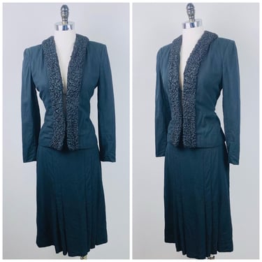 1980s Vintage Billina by Marlene Middlemiss Wool Two Piece Skirt Suit / 80s / Eighties Black Shearling Trim Blazer and Skirt / Medium 