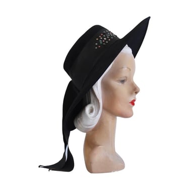 1940s Stetson Wide Brim Black Platter Hat - 40s Black Platter Hat - 40s Cartwheel Hat - 40s Sun Hat - Large Vintage Platter Hat - 40s Hat 