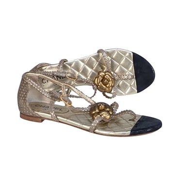 Chanel - Gold Quilted Strappy Thong Sandal Sz 9