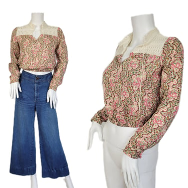 Ragtime 1970's Pink Floral Indian Rayon Gauzey Lace Peasant Top I Shirt I Blouse I Sz Sm 