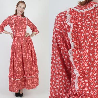 Colonial Style Southern Belle Dress / Vintage Flower Bouquet Print Material / Victorian Bell Sleeves / Western Saloon Inspired Maxi 