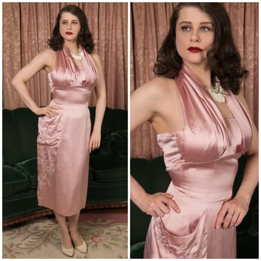 1950s Dress -  Saucy, Lustrous Satin 50s Cocktail Dress with Embellished Asymmetric Hip Pocket and Layered Halter Bust Treatment 