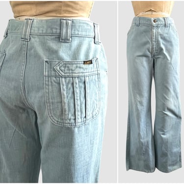 LEE 70s Vintage Light Wash Denim Blue Jeans | 1970s Well Worn Cotton Flare Leg Pants | Union Label Boho Hippie Rocker Funk | Mens Waist 33