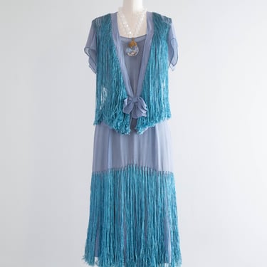 Rare 1920's Silk Chiffon &amp; Fringe French Blue Flapper Dress With Matching Jacket / SM