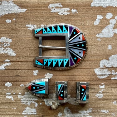 CHESTER C BENALLY Inlay Ranger Belt Buckle Set | Silver Turquoise, Jet, Mother of Pearl, Coral | Navajo Native American Southwestern Jewelry 