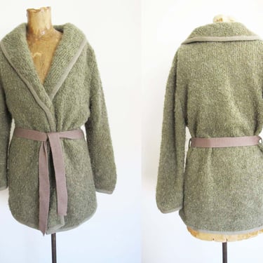 Vintage 60s Sage Green Boucle Belted Womens Cardigan S - 1960s Earth Tone Cozy Knitted Textured Buttonless Shawl Collar Long Cardigan Jacket 