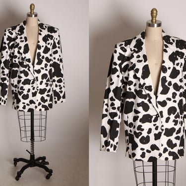 1980s Black and White Animal Cow Print Long Sleeve Rhinestone Bling Western Blazer Jacket -M 