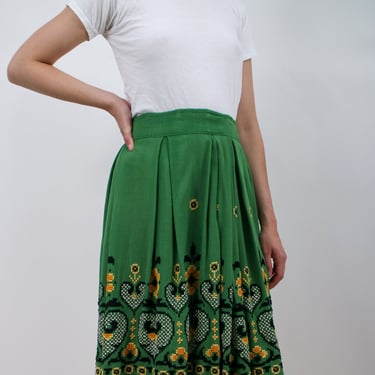 1950s Green and Yellow Floral Embroidered Fit and Flare Skirt