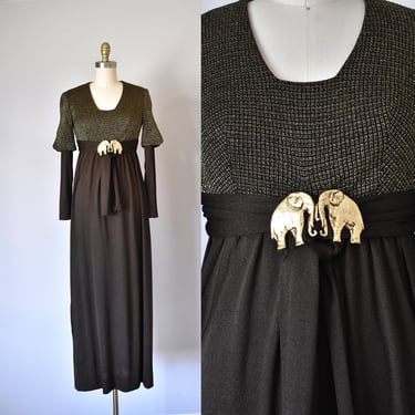 Meadow lurex metallic boho maxi dress, elephant belt, 1970s dress, bohemian dress, hippie brown dress, brass belt 
