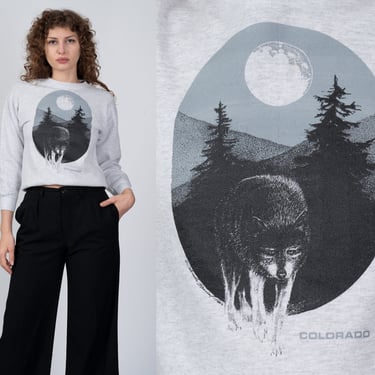 90s Colorado Wolf Sweatshirt - Petite Small | Vintage Heather Grey Graphic Tourist Cropped Pullover 