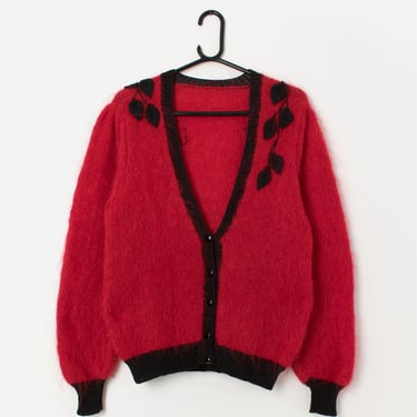 80s vintage handknitted bright red fluffy cardigan with black leaf embroidery - Medium 