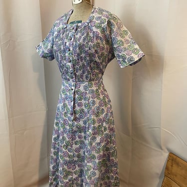 1950s Vintage Floral Day Dress Blue Purple Fit and Flare Bows Caldwell Casuals M 