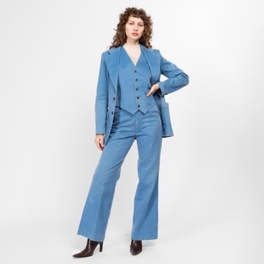 Sm-Med 70s Blue Denim Blazer Vest & Pant Suit Set | Vintage Button Up Jacket Retro Three Piece Outfit 