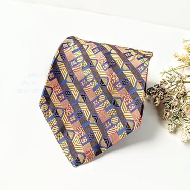 Vintage Silk Polyester Necktie Tie/ 1960s-70s Geometric Stripe Gold Orange Brown Jacquard/ WPL 4075/ 4.5 W x 56 L/ Dad Gift/ Retro Boho 