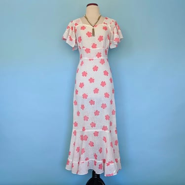 Vintage 1930s Flutter Sleeve Floral Day Dress, Vintage 30s Art Deco Romantic Cotton Sundress, 1930s Pink and White Gown 