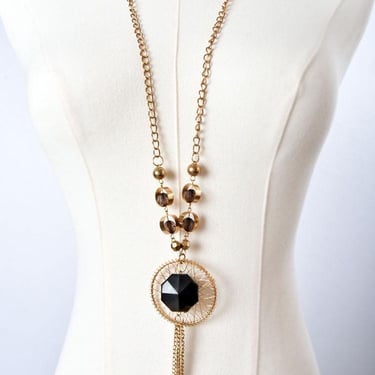 1960's Long Gold Dream catcher, Mid Century MCM Necklace, Long Chain, Black Faceted Stone, Glass, Hippie, Mod, Boho, Disco Vintage Jewelry 