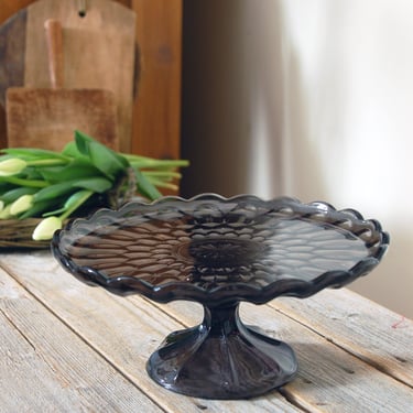 Vintage smoke glass cake stand / Fairfield by Anchor Hocking pedestal cake plate / black cut glass plate / vintage dessert stand plate 