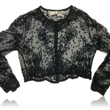 Black Floral Beaded Cardigan // Cocktail Top // Layering Piece  // Evening Jacket // Scala // Size Large NWT 