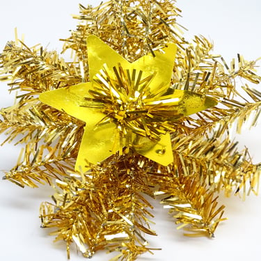 Vintage Star Christmas Tree Ornament , Gold Mylar Star in Wired Tinsel Starburst 