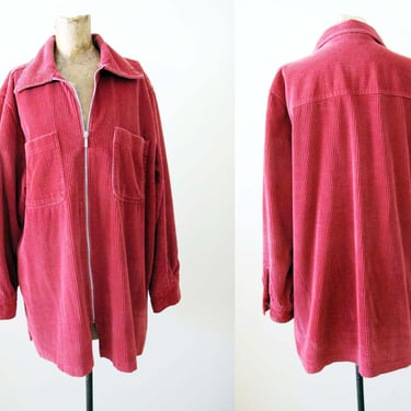 Vintage 90s Red Corduroy Zip Up Jacket M L - 1990s Grunge Boxy Oversized Chunky Cord Jacket Cranberry Baggy Silver Metal Zipper 