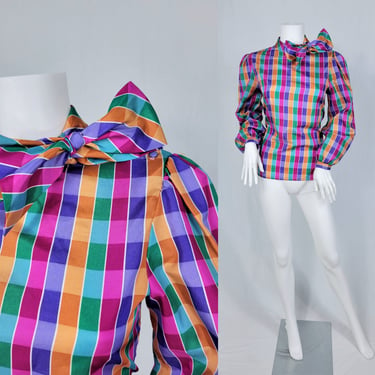 1980's Rainbow Plaid Poly Pussy Bow Blouse I Shirt I Top I Sz Med I Gianna Bellini 