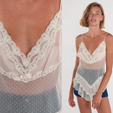 White Lace Cami 90s Lingerie Top Sheer Floral Camisole Ribbon