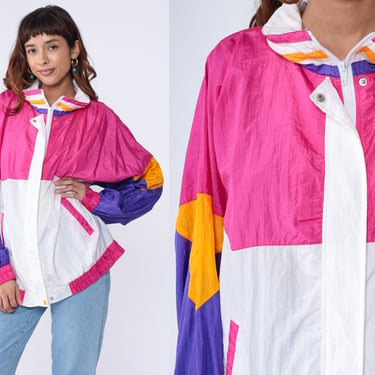 90s Color Block Jacket White Hot Pink Windbreaker Colorblock Jacket Zip Up Retro Sporty Vintage Purple Gold Striped 1990s Extra Large xl 