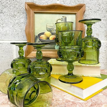 Vintage Wine Glasses Retro 1970s Tiffin Franciscan + Crown Thumbprint + Green + Set of 6 + Goblets + Mid Century Modern  + Kitchen Decor 