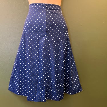 navy polka dot skirt 1970s blue + white dotted a-line medium 
