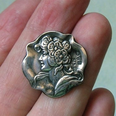 Antique Victorian English Sterling Button, Old English Sterling Button, Antique Sterling Button With Woman (#4260) 