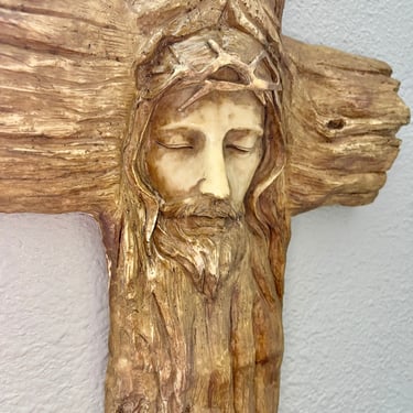 Faux Wood Cross, Rustic Religious Decor, Wall Hanging, Christian, Jesus, Crown of Thorns 