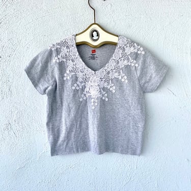 Vintage Embroidered Lace Rhinestone Shirt V-neck Crop Top // Reworked Hanes Gray Tshirt 