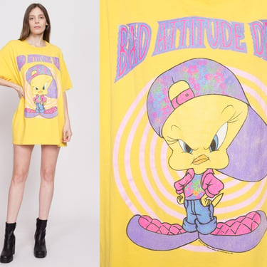 90s Tweety Bird "Bad Attitude Day" T Shirt Dress - One Size | Vintage Looney Tunes Cartoon Yellow Oversize Graphic Tee 