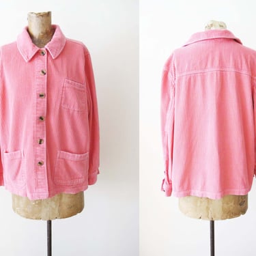 Vintage 90s Bright Pink Corduroy Chore Coat Petite M L  - 1990s Grunge Boxy Cord Jacket 