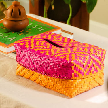 Handwoven Kottan basket TISSUE BOX - Storage Basket, Boho Home Decor, Utility Tray, Colorful Multipurpose Palm Leaf Basket 