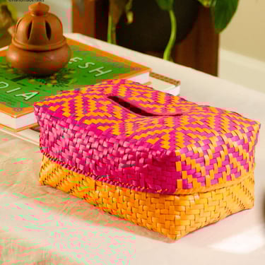 Handwoven Kottan basket TISSUE BOX - Storage Basket, Boho Home Decor, Utility Tray, Colorful Multipurpose Palm Leaf Basket 