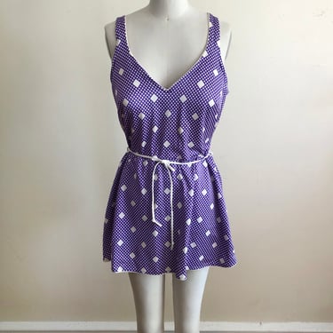 Purple and White Geometric Print Skirted Swimsuit - 1970s 