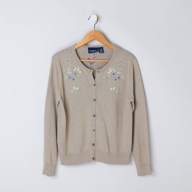 Vintage 90s Floral Embroidered Beige Knit Cardigan - nineties, kitschy, flowers, cotton knit sweater - Women's XL 