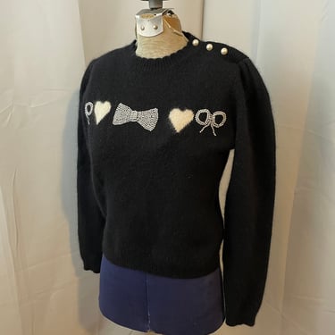 1980s Vintage Angora Sweater Black and White Hearts Bows Pearls Preppy S 