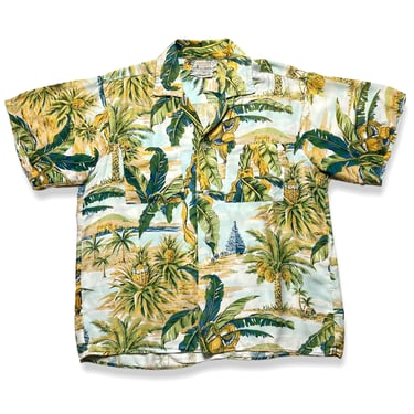 Vintage 1950s Rayon Hawaiian Shirt ~ M ~ Aloha ~ Rockabilly / Tiki / Atomic / VLV ~ Made in Japan 