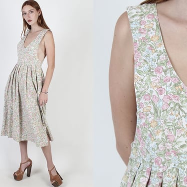 Country Cottage Garden Floral Dress With Pockets, Deep V Open Side Pinafore, Vintage 80s Grunge Style Liberty Print Midi Dress 