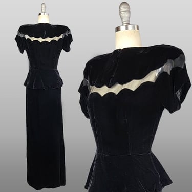 1940s Velvet Gown / Black Velvet Gown with Netting Cutout and Peplum  / 1940s Evening Dress / Size Small 