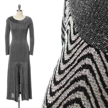 Vintage 1970s Dress | 70s Metallic Waves Geometric Silver Long Sleeve Maxi Evening Psychedelic Disco Party Dress (x-small) 