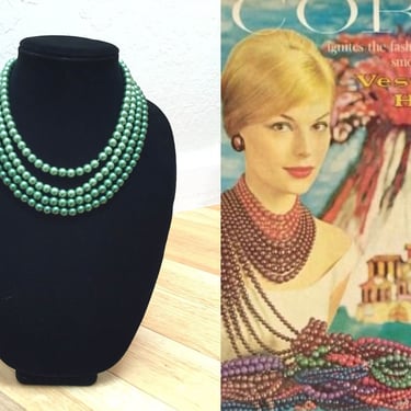 Erupting Greens - Vintage 1950s 1960s Shades of Green Ombre Faux Pearl 4 Strand Necklace 