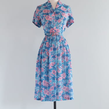 Beautiful 1950's Pink & Blue Floral Print Day Dress / ML