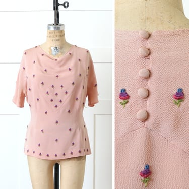 vintage 1930s embroidered blouse • pink rayon crepe with tiny floral embroidery short sleeve blouse 