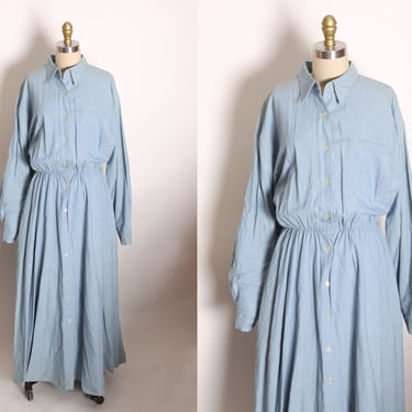 1980s Light Blue Denim Button Up Fit and Flare Long Sleeve Dress by Cambridge Dry Goods Company -L 